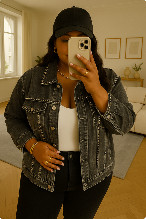 VESTE EN JEAN NOIR A CLOUS - GRANDE TAILLE
